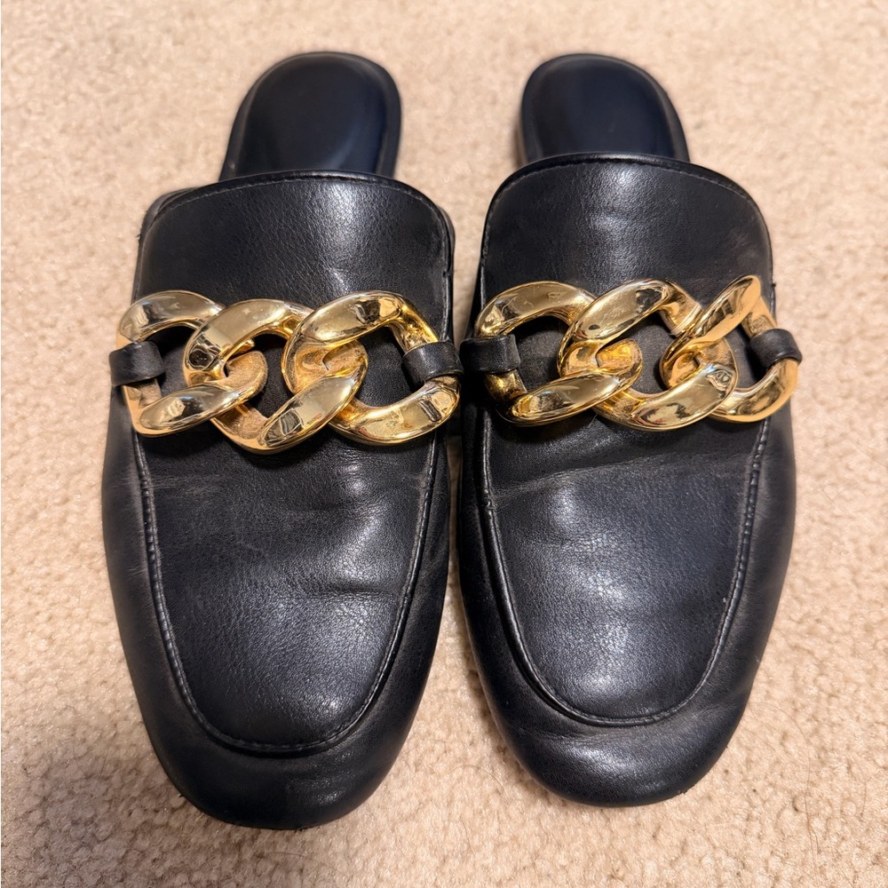 Women’s Black Slip-On Loafers with Gold Chain Accent